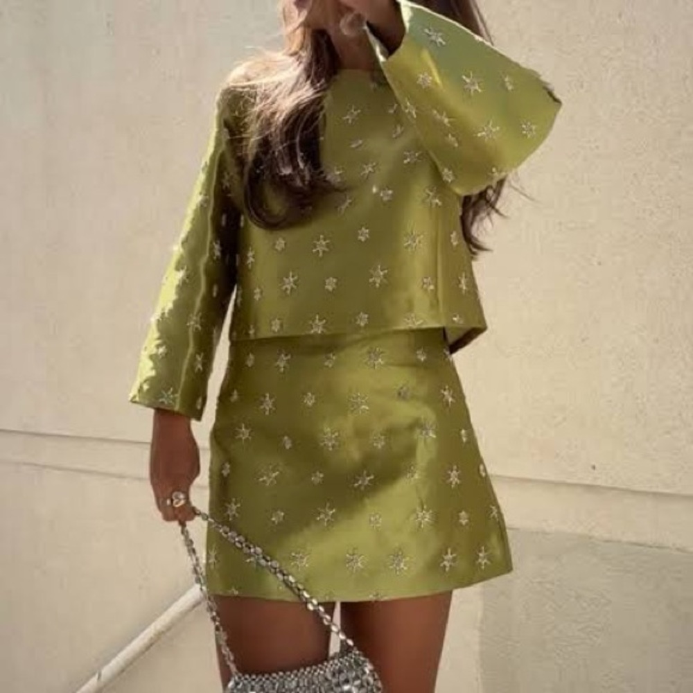 Chelsea & Violet Star Embellished Green Mini Skirt